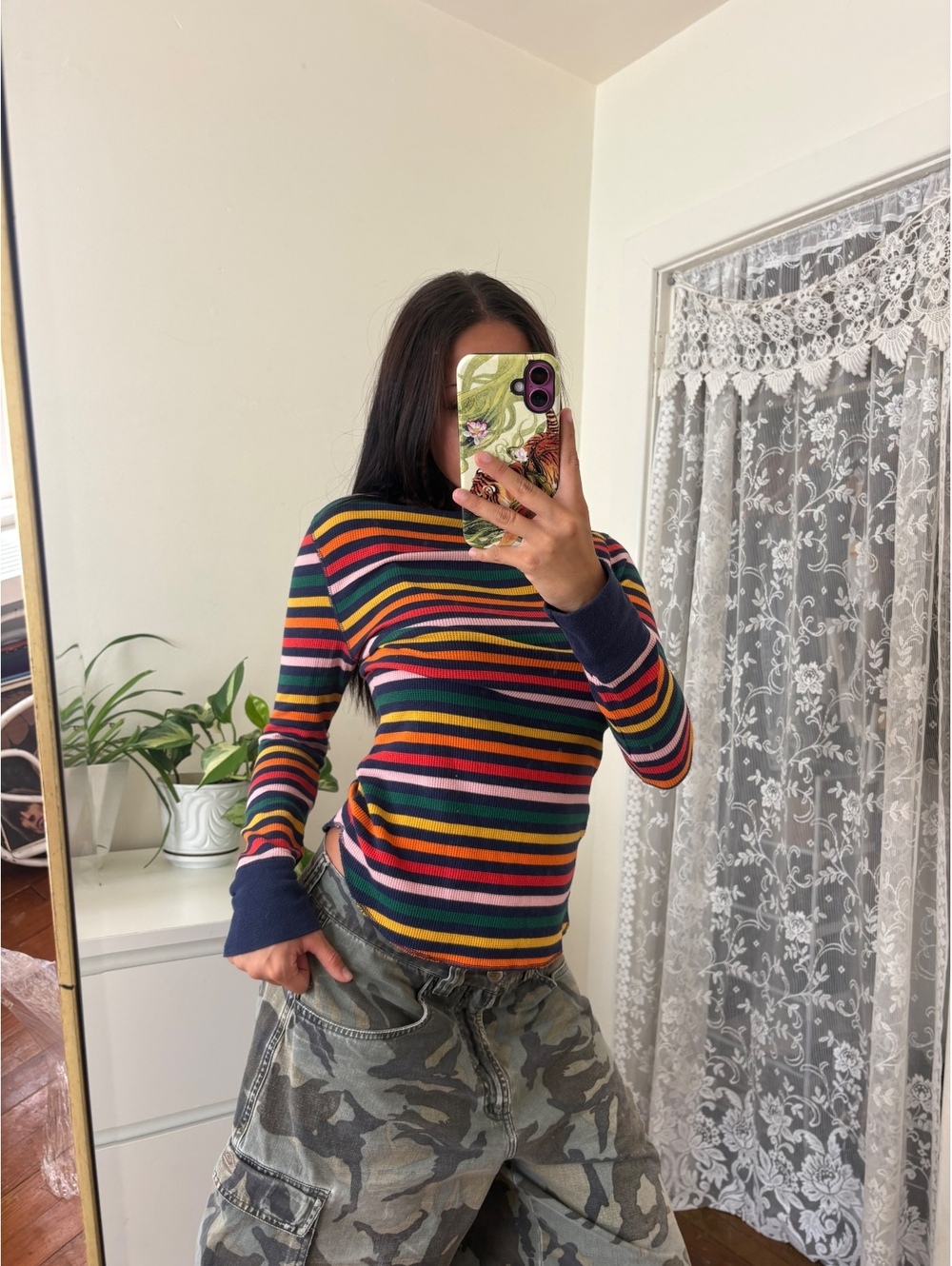 2000s Waffle Knit Top Multi-Color Striped Navy Cuffs Size